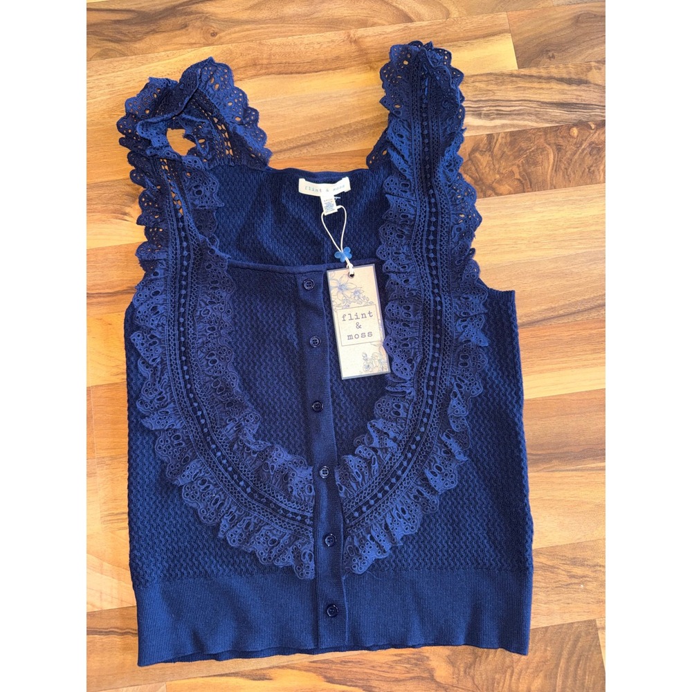 Flint &‎ Moss Eyelet Lace Knit Tank Top Womens Small Navy Blue NEW Button Front
